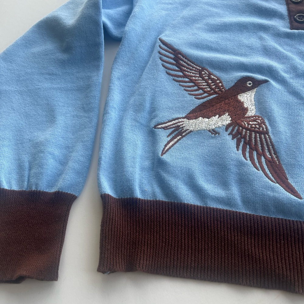 Blue and Brown Bird Embroidered Women's Sweater - Picture 9 of 11